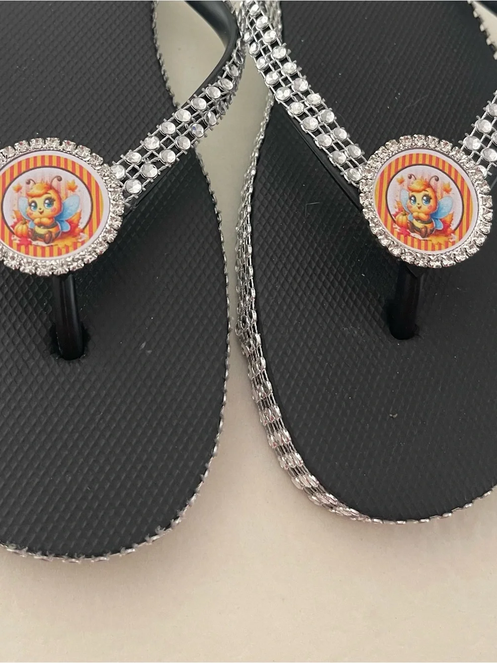 Embellished Black Flip Flops with Rhinestone Straps